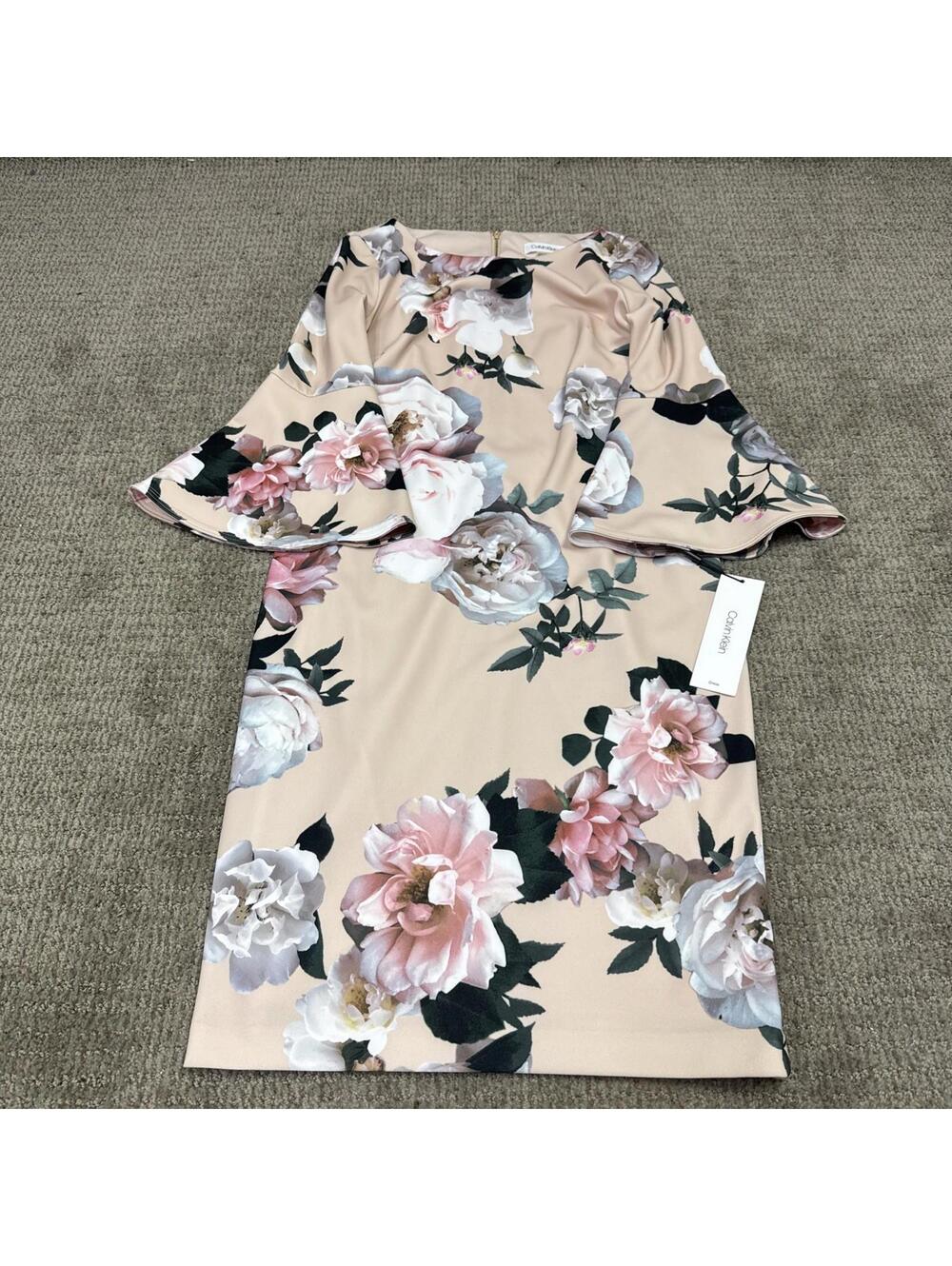 Calvin Klein Dress Sheath Multicolored Floral Long Bell Sleeve Women’s Sz 4 NWT